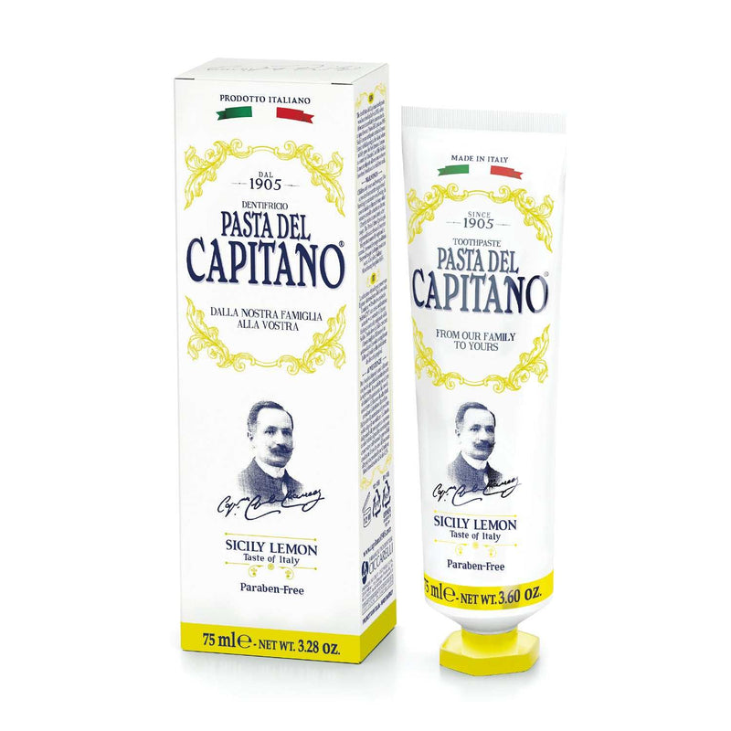 Zahnpasta Sicily Lemon von Pasta del Capitano mit Bio-Zitronenextrakt für frischen Atem und gesundes Zahnfleisch, parabenfrei.