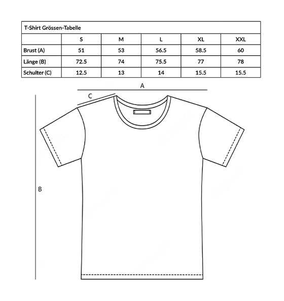 Skizze des Mootes T-Shirt Ocean Drive mit Größenangaben für Brust, Länge und Schulter in verschiedenen Größen von S bis XXL.