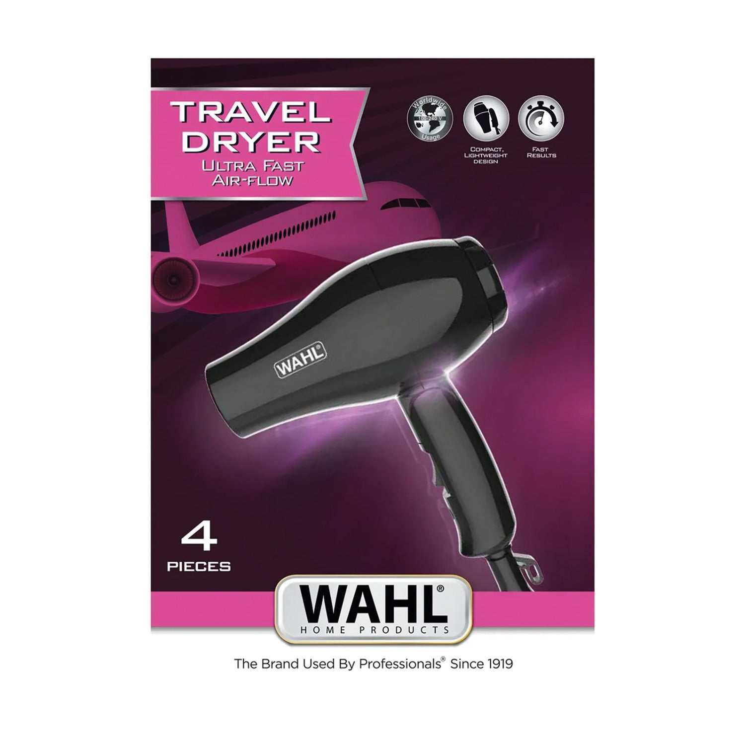 Kompakter WAHL Haartrockner Travel mit 1000 Watt für schnelles Styling unterwegs, klappbarer Griff und 4-teiliges Reiseset.