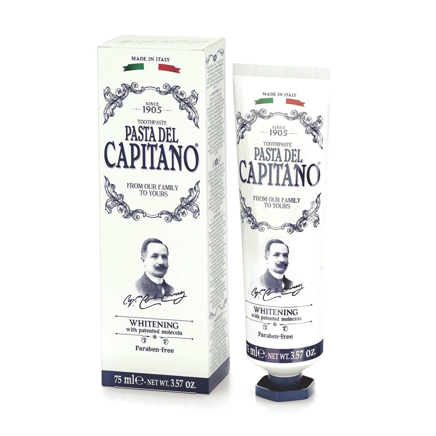 Zahnpasta Whitening Pasta del Capitano 1905 mit aufhellender Formel, antibakterieller Wirkung und frischem Aroma für strahlend weiße Zähne und gesunde Mundflora, 75 ml.