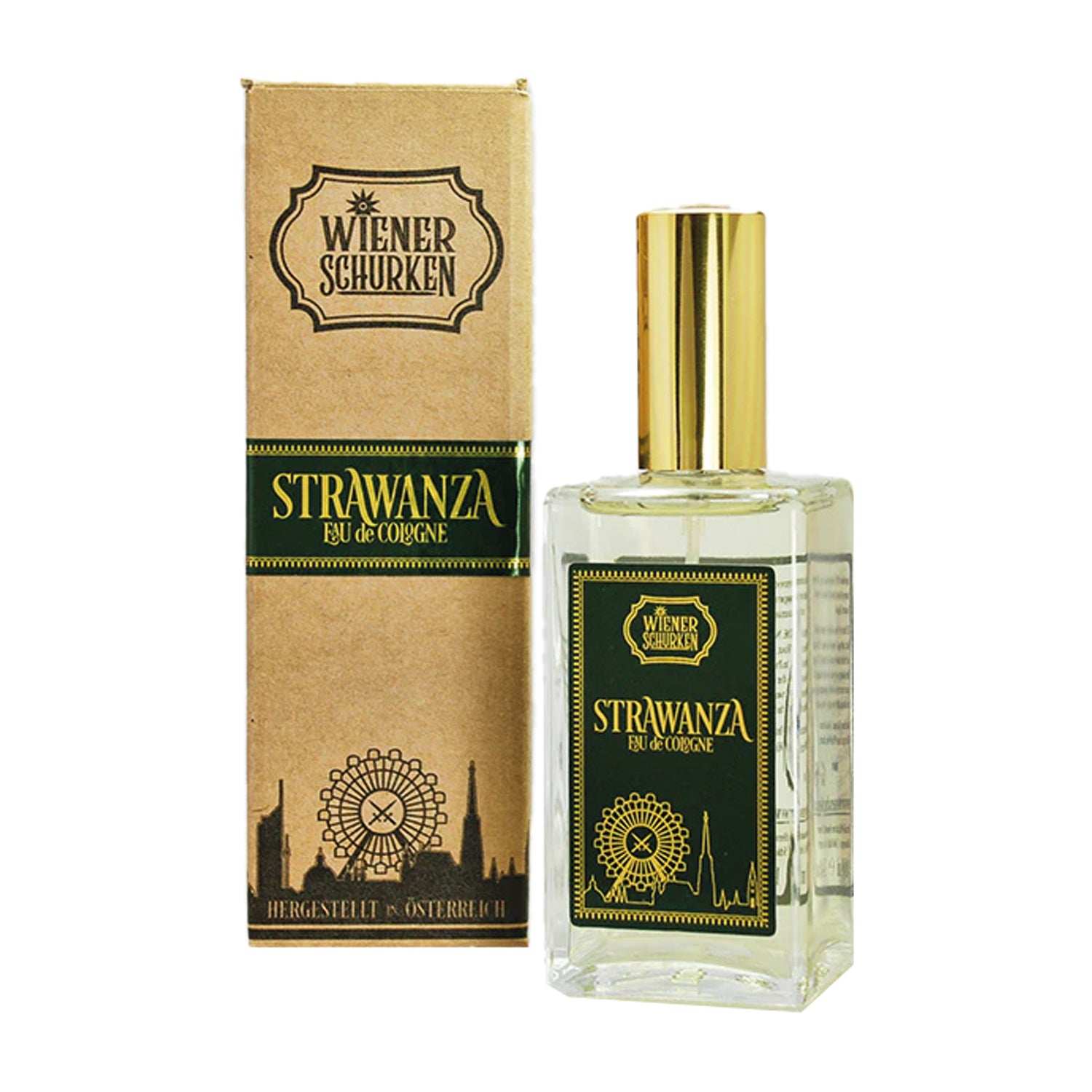 Eau de Cologne Strawanza von Wiener Schurken, handgemacht in Österreich mit pfeffrig-holzigen Duftnoten in edler Glasflasche.