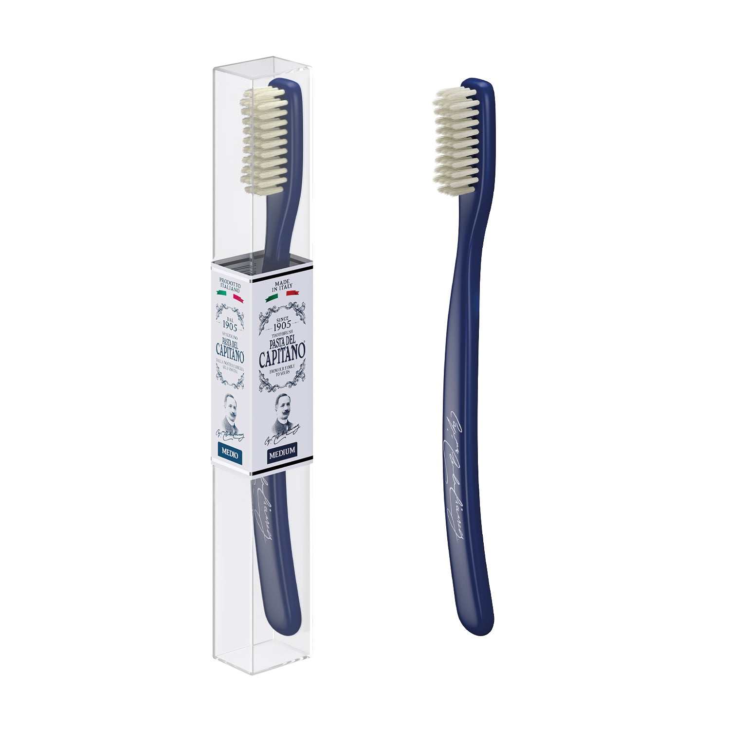 Pasta del Capitano Zahnbürste blau mit mittelharten Nylonborsten und ergonomischem Vintage-Design