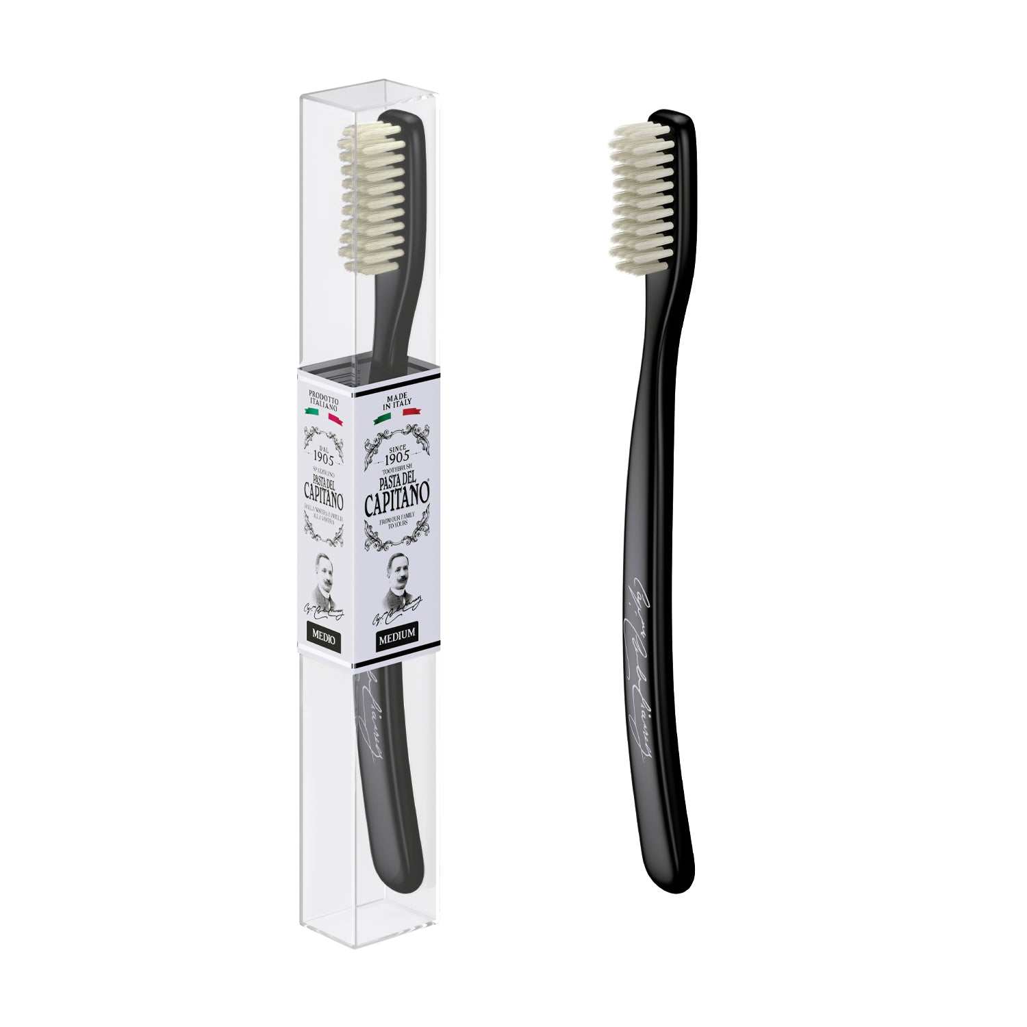 Pasta del Capitano Zahnbürste mit mittelharten Nylonborsten und ergonomischem Griff in Schwarz, vintage-inspiriertes Design, gründliche und schonende Zahnreinigung.