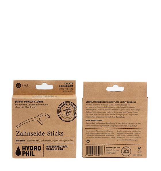 Zahnseide Sticks von Hydrophil aus Bambus mit reissfester Nylon-Zahnseide, umweltfreundlich und plastikfrei, ideal für schonende Zahnpflege und Bioabfallentsorgung.