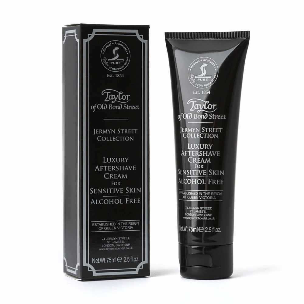 Aftershave Cream Jermyn Street Collection von Taylor of Old Bond Street für empfindliche Haut, alkoholfrei, 75 ml, luxuriöse Rasurpflege in schwarzer Tube mit Verpackung