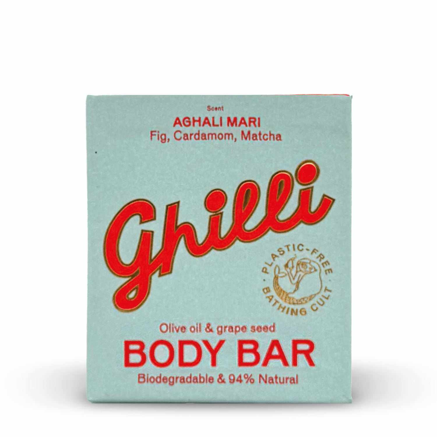 Nachhaltige Body Bar Aghali Mari von Ghilli mit Olivenöl, Traubenkernen und Duftnote aus Feige, Kardamom und Matcha, plastikfrei und biologisch abbaubar.