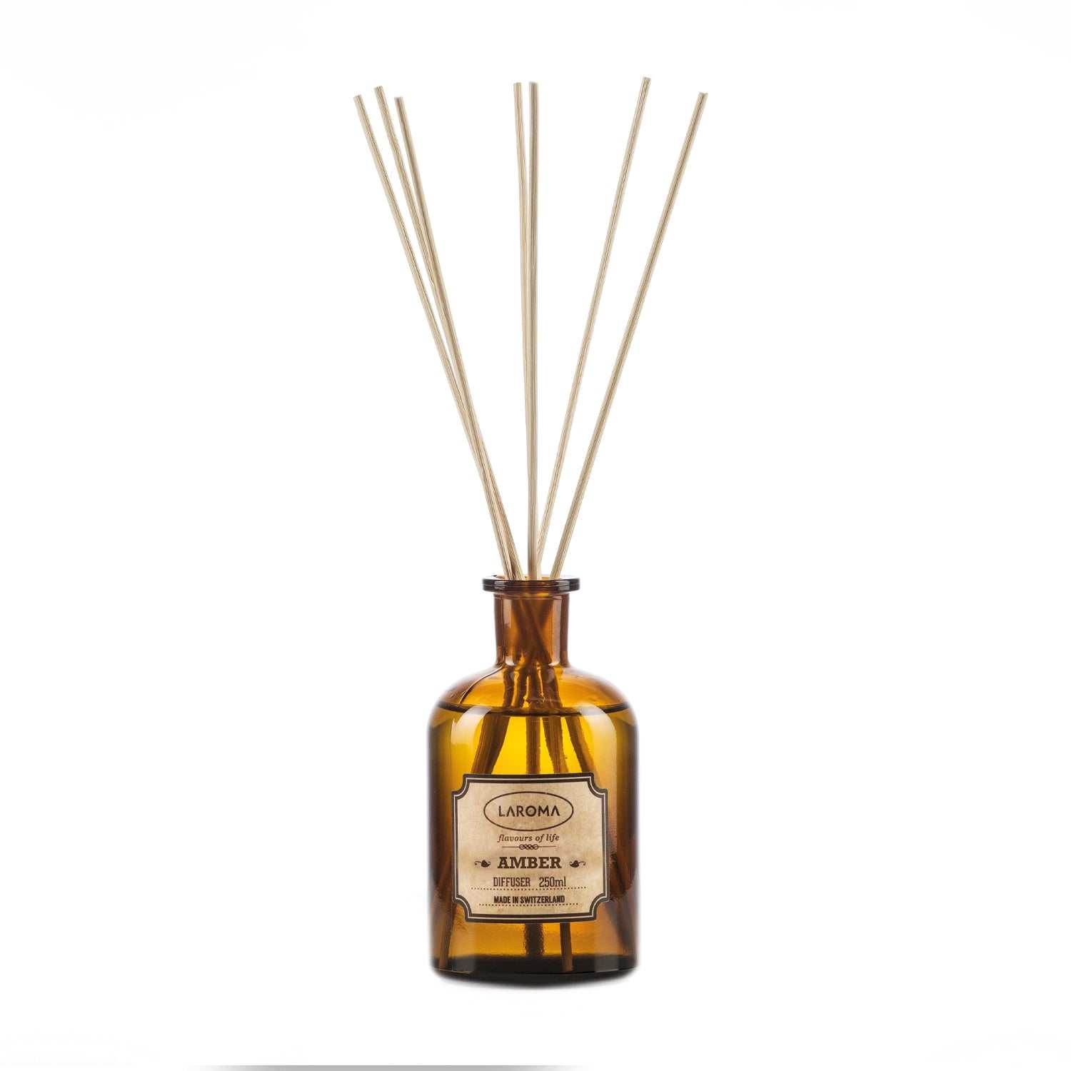 Laroma Diffuser Amber in Apothekenflasche mit Rattanstäbchen für warmen, eleganten Duft im Raum