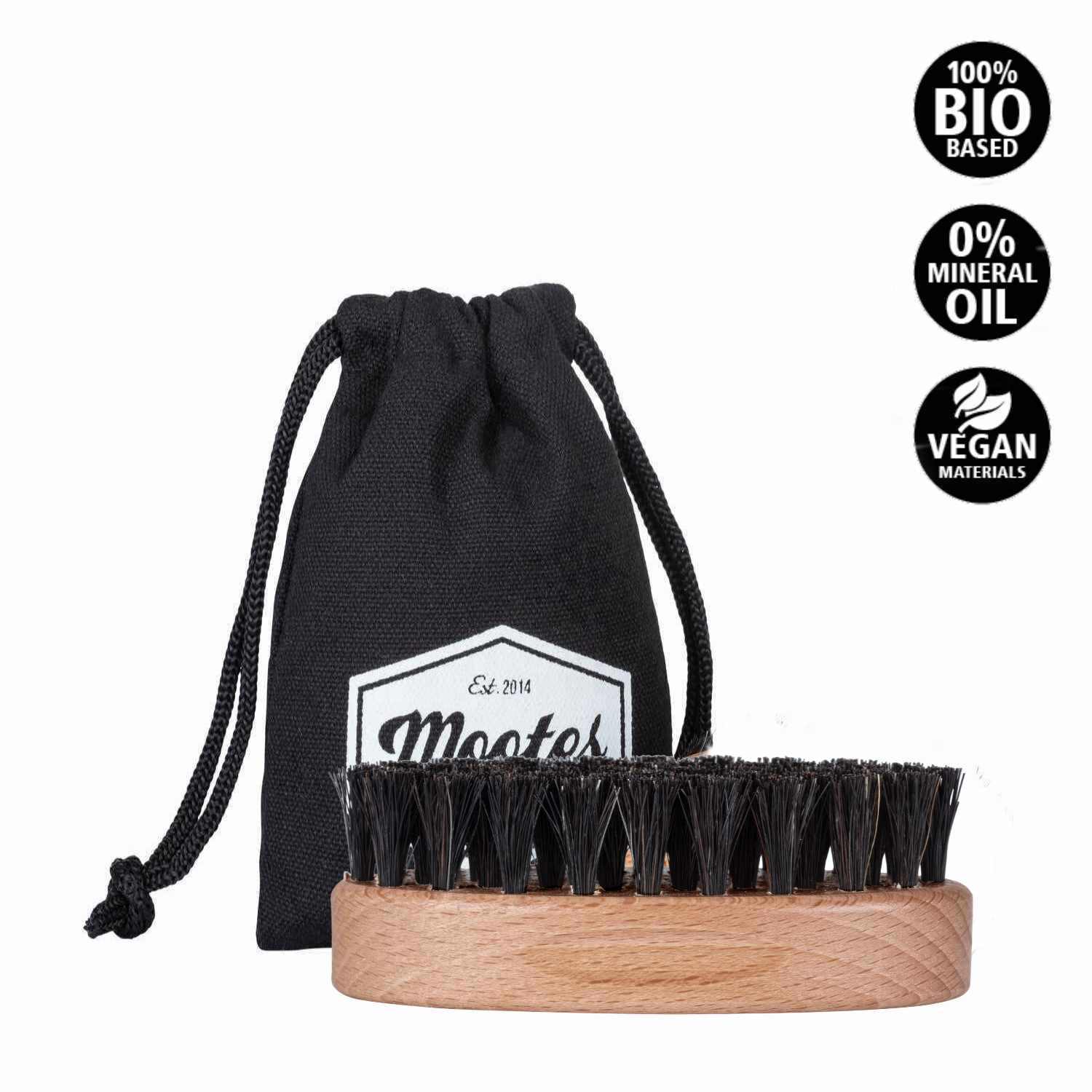 große Mootes Bartbürste mit veganen weichen Borsten aus biobasiertem Kunststoff und Griff aus nachhaltigem Schweizer Buchenholz, inklusive Aufbewahrungstasche