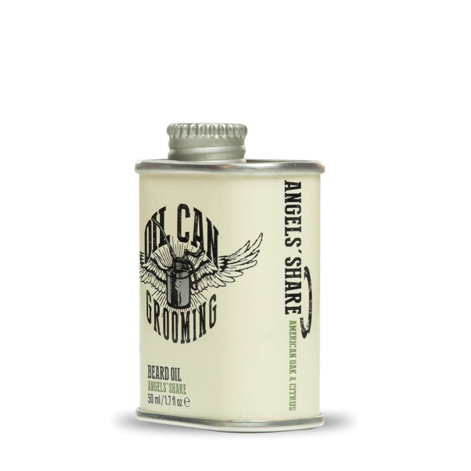 Bartöl Angel's Share von Oil Can Grooming mit Bourbon-Duft in praktischer Metallflasche, pflegt Bart geschmeidig und duftet nach amerikanischer Eiche und Zitrus.