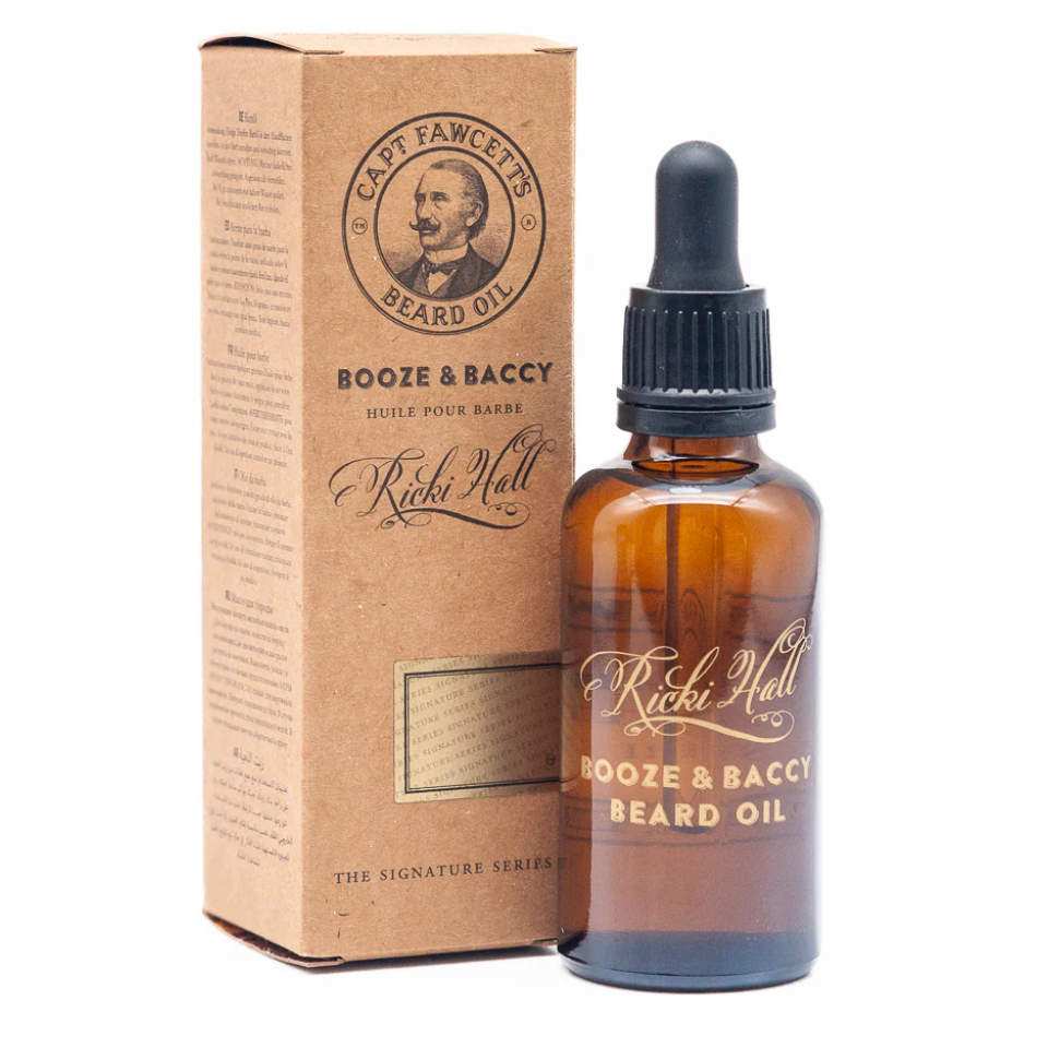 Bartöl Booze & Baccy von Ricki Hall - Captain Fawcett in brauner Glasflasche mit Pipette und Verpackung aus Kraftpapier