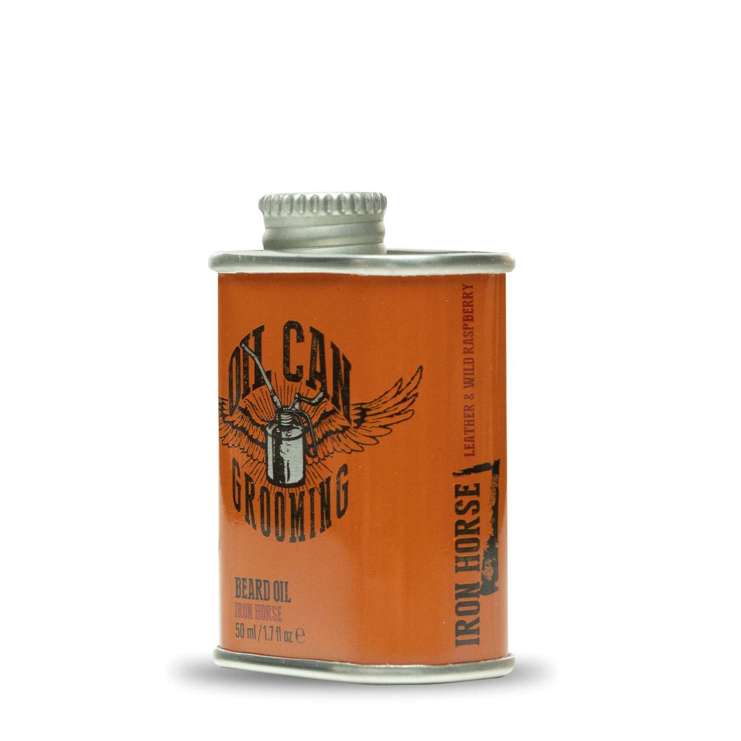 Bartöl Iron Horses von Oil Can Grooming in stylischer Öldosen-Optik mit Duft von Leder und Himbeere, pflegt und verleiht Glanz.