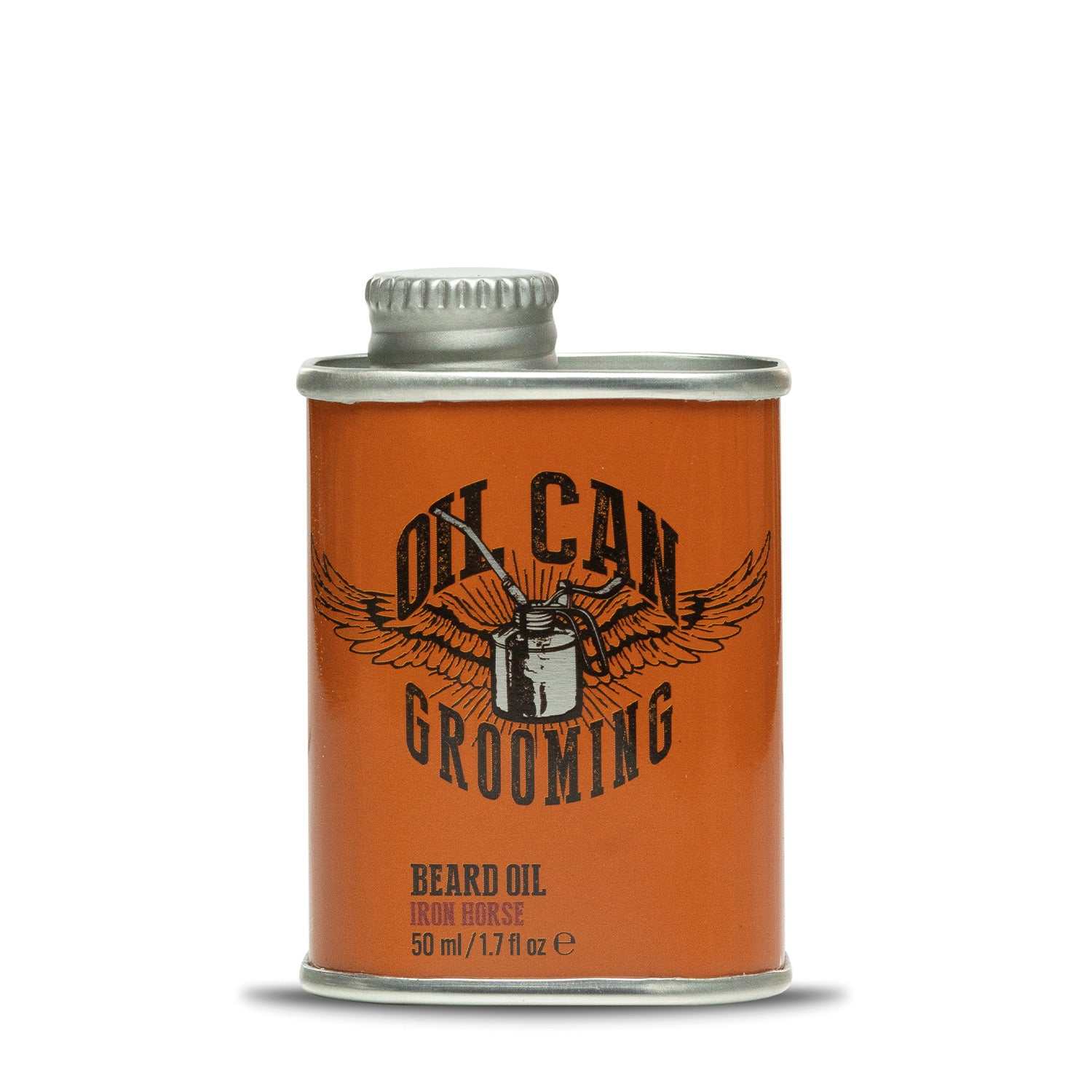 Bartöl Iron Horses von Oil Can Grooming in orangefarbener Metallflasche mit rauchig-ledrigem Duft und pflegenden Inhaltsstoffen.