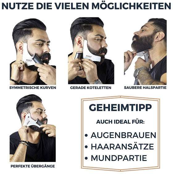 Mann verwendet Bartschablone aus Edelstahl für symmetrische Konturen, gerade Koteletten und saubere Halslinie beim Bartstyling.