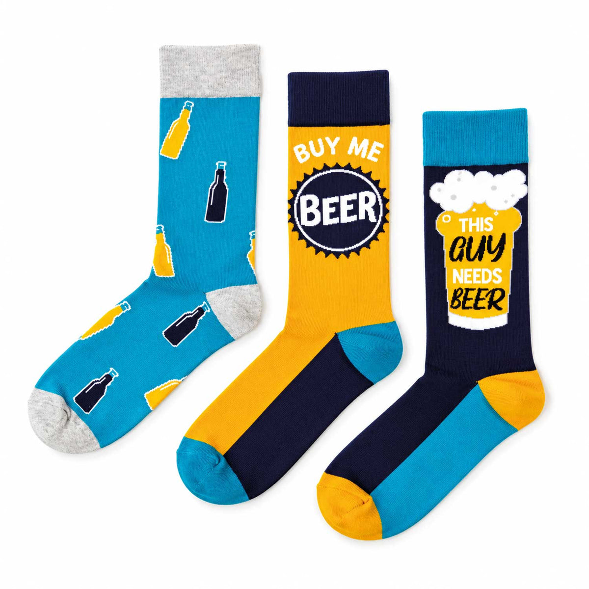 Drei farbige Biersocken mit unterschiedlichen Biermotiven