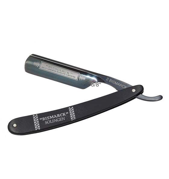 Rasiermesser Rundkopf 6/8 Zoll mit schwarzem Ebenholzgriff und brünierter Klinge von Dovo Solingen.