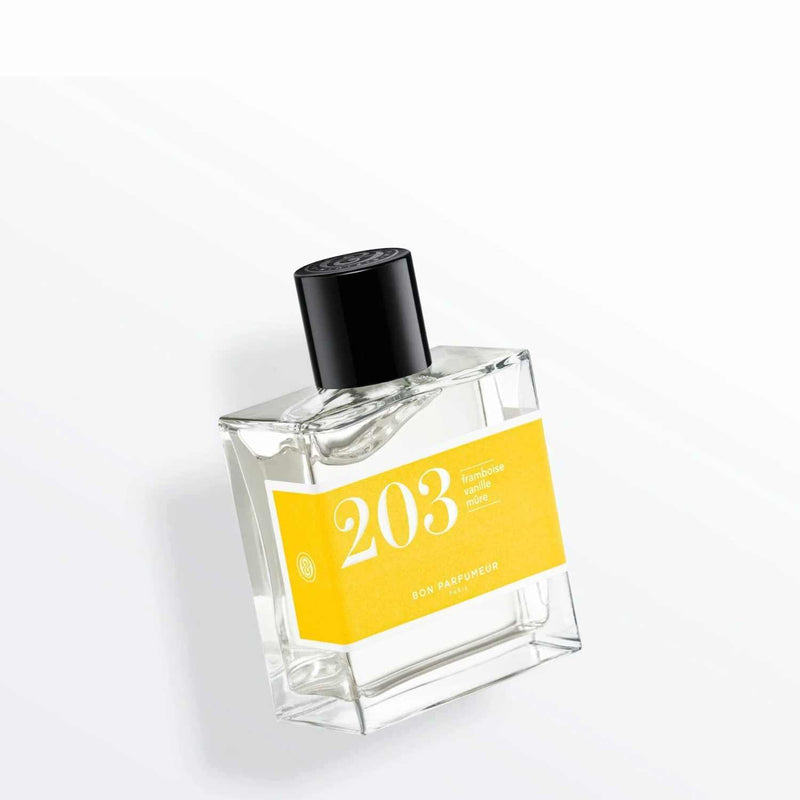 Flakon des Eau de Parfum 203 von Bon Parfumeur mit fruchtig-blumigem Duft und Noten von Himbeere, Neroli, Jasmin, Vanille und Moschus.