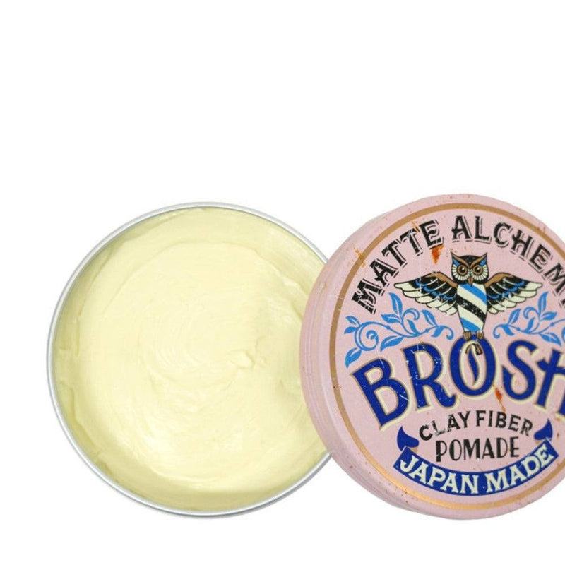 Offene Dose Haarpomade Clay Fiber Matte Alchemy von Brosh mit cremiger Textur, Japan hergestellt