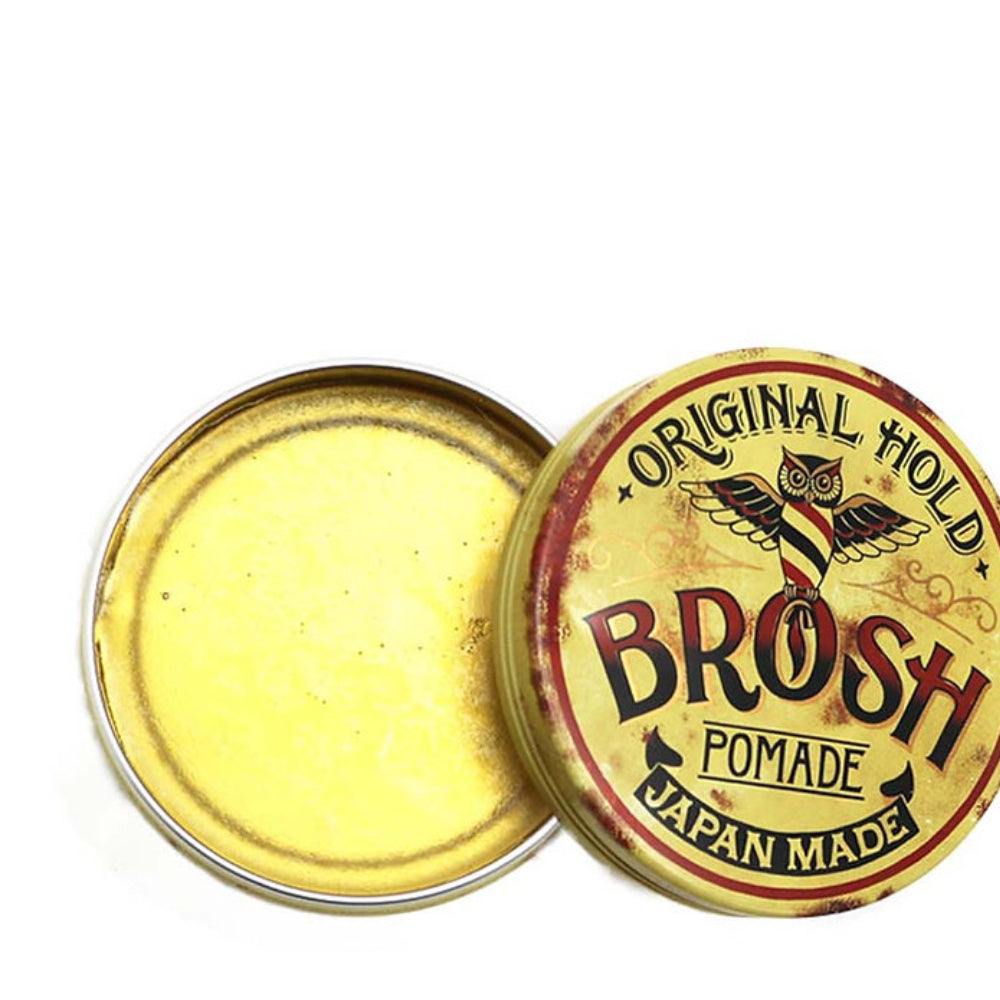 Runde Dose Brosh Haarpomade Original Hold offen mit gelber Pomade, japanische Herstellung
