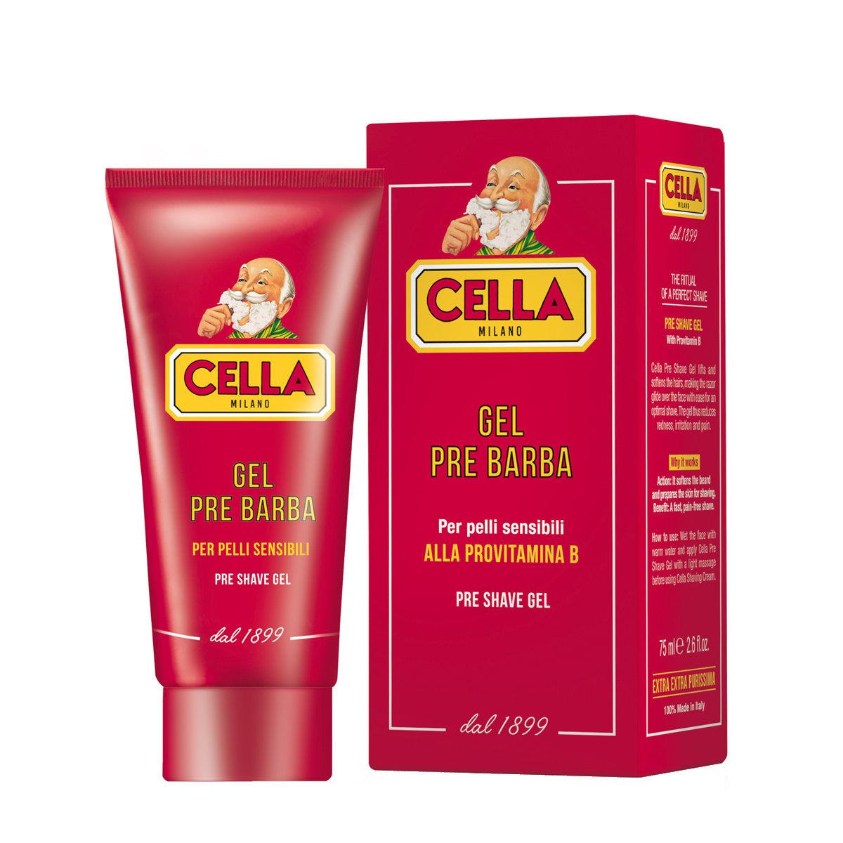 Pre-Shave Gel - Cella Milano rotes Gel und Verpackung mit Provitamin B für empfindliche Haut vor der Rasur