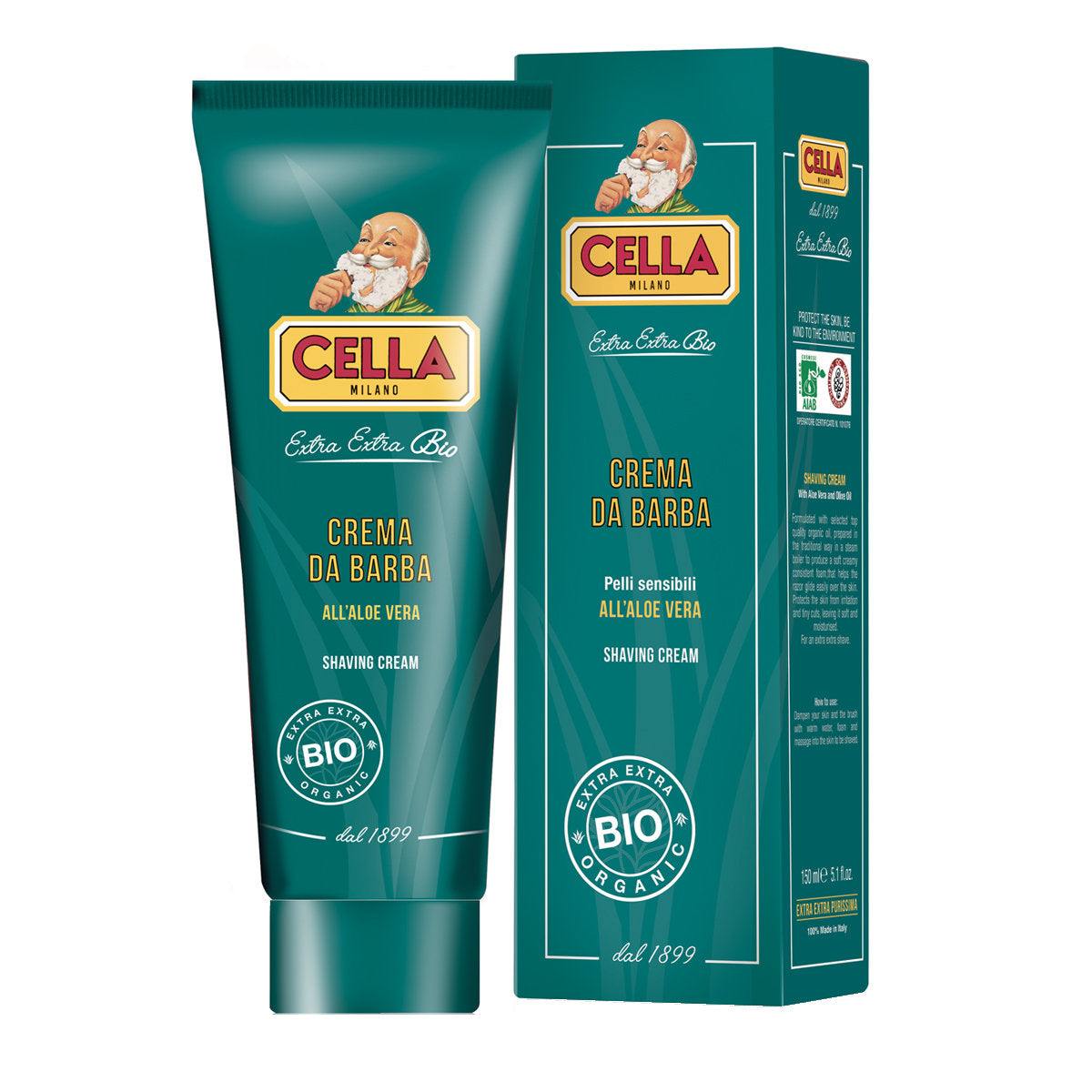 Rasiercreme Bio mit Aloe Vera von Cella Milano in grüner Tube mit Verpackung für sanfte, organische Rasur