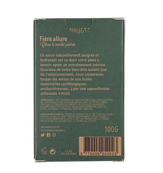 Naturseife Fière Allure von Clean Hugs mit erfrischendem Pfefferminz- und Zitronenduft, natürliche Pflege für Sportlerhaut.