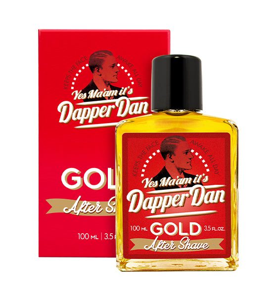 Aftershave Lotion Gold - Dapper Dan in schwarzer Flasche mit rotem Etikett und passender Verpackung, eleganter Herrenduft nach Orange, Sandelholz und Moschus.