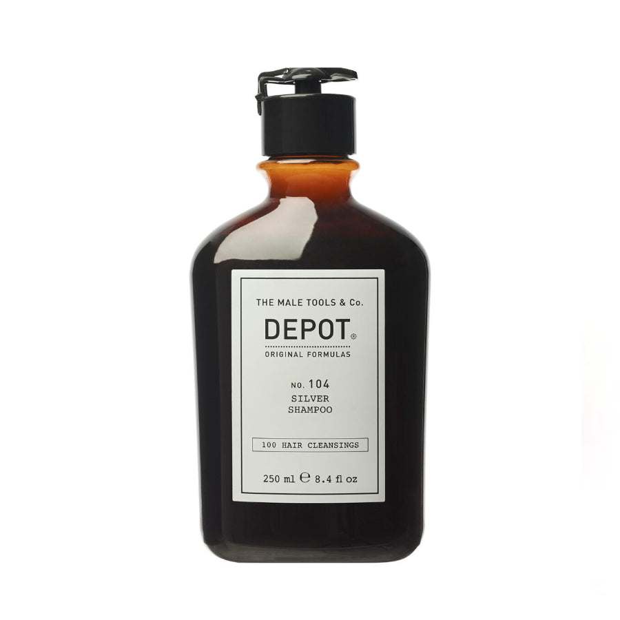 Depot No. 104 Silver Shampoo für graues Haar, neutralisiert Gelbstich, 250 ml Flasche, erfrischender Duft mit Menthol und Salbeiöl.