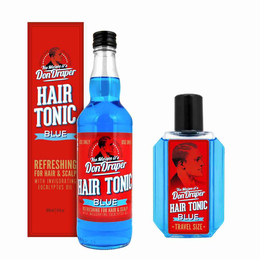 Dapper Dan Hair Tonic Blue Glasflasche und Reisegröße mit erfrischender Formel für Haar und Kopfhaut, nostalgisches Vintage-Design.
