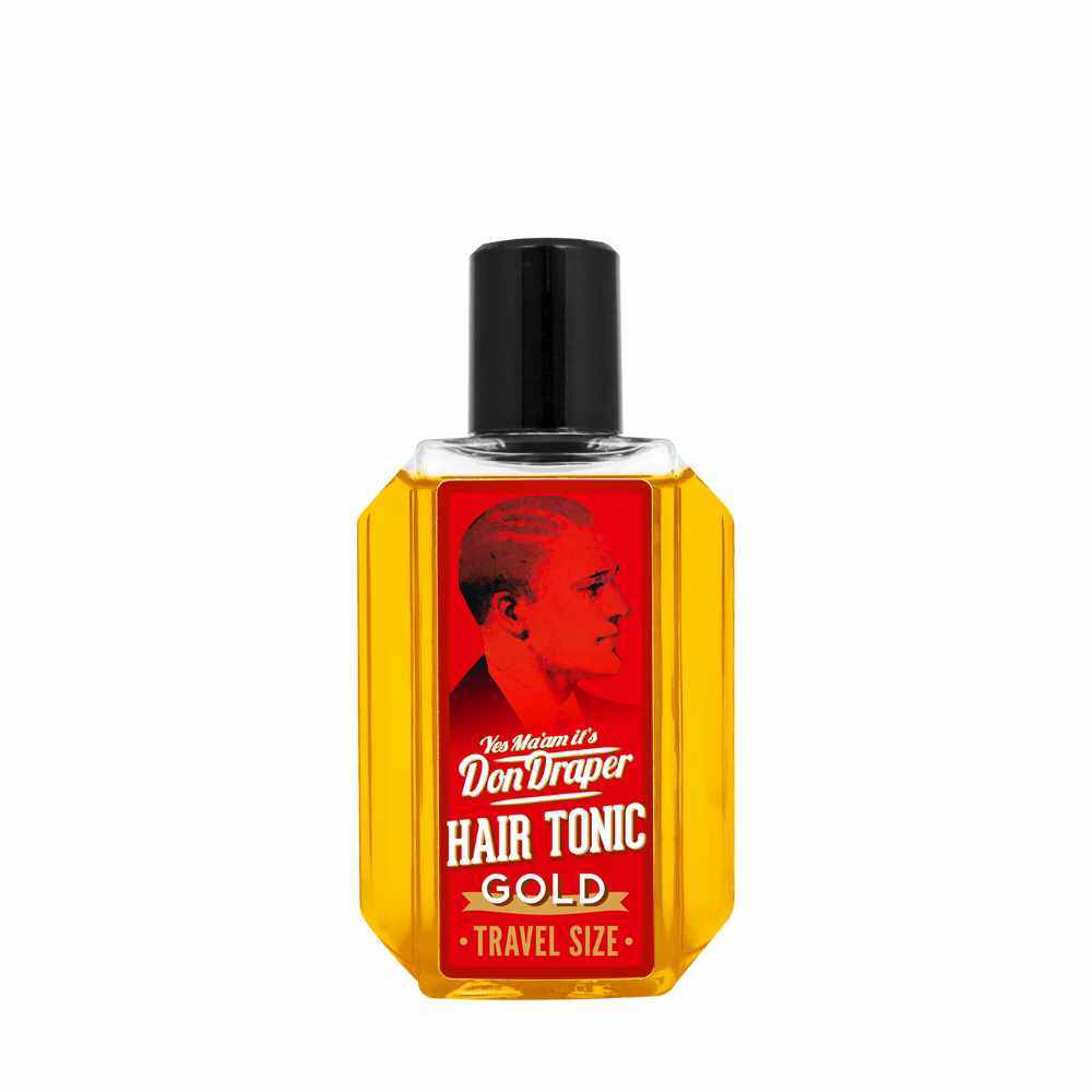 Flasche Hair Tonic Gold von Don Draper mit rotem Etikett und schwarzem Verschluss in Reisegröße