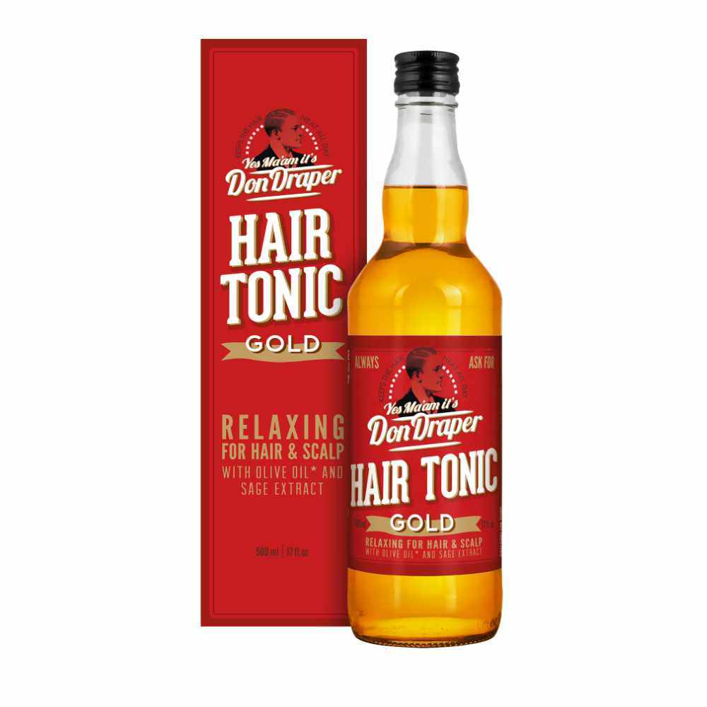Dapper Dan Hair Tonic Gold in Flasche mit rotem Etikett zur entspannenden Haar- und Kopfhautpflege