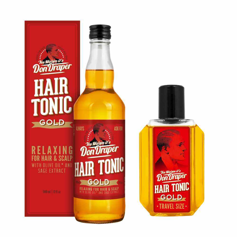 Don Draper Hair Tonic Gold Flasche mit Verpackung und Travel Size für entspannende Haar- und Kopfhautpflege