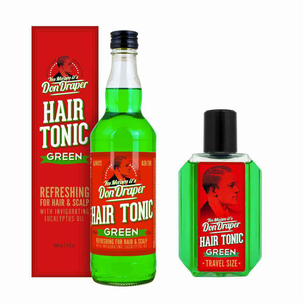 Don Draper Hair Tonic Green in Flasche und Reisegröße mit erfrischendem Eukalyptusöl für Haar und Kopfhautpflege