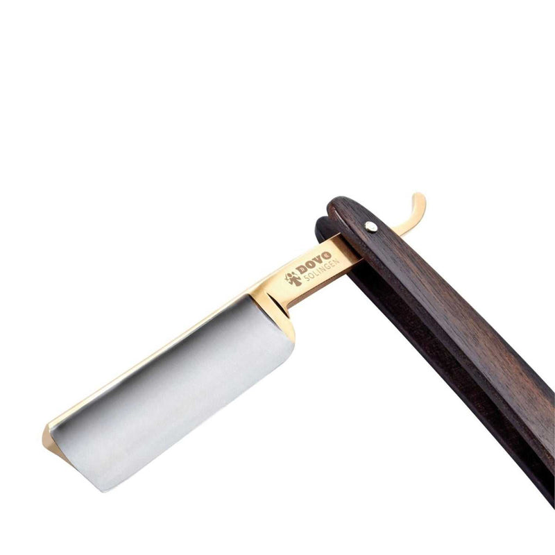 Rasiermesser APEX mit Ebenholzgriff und 5/8" Gradkopf von Dovo, hochwertige Kohlenstoffstahlklinge mit 24 Karat Goldverzierung