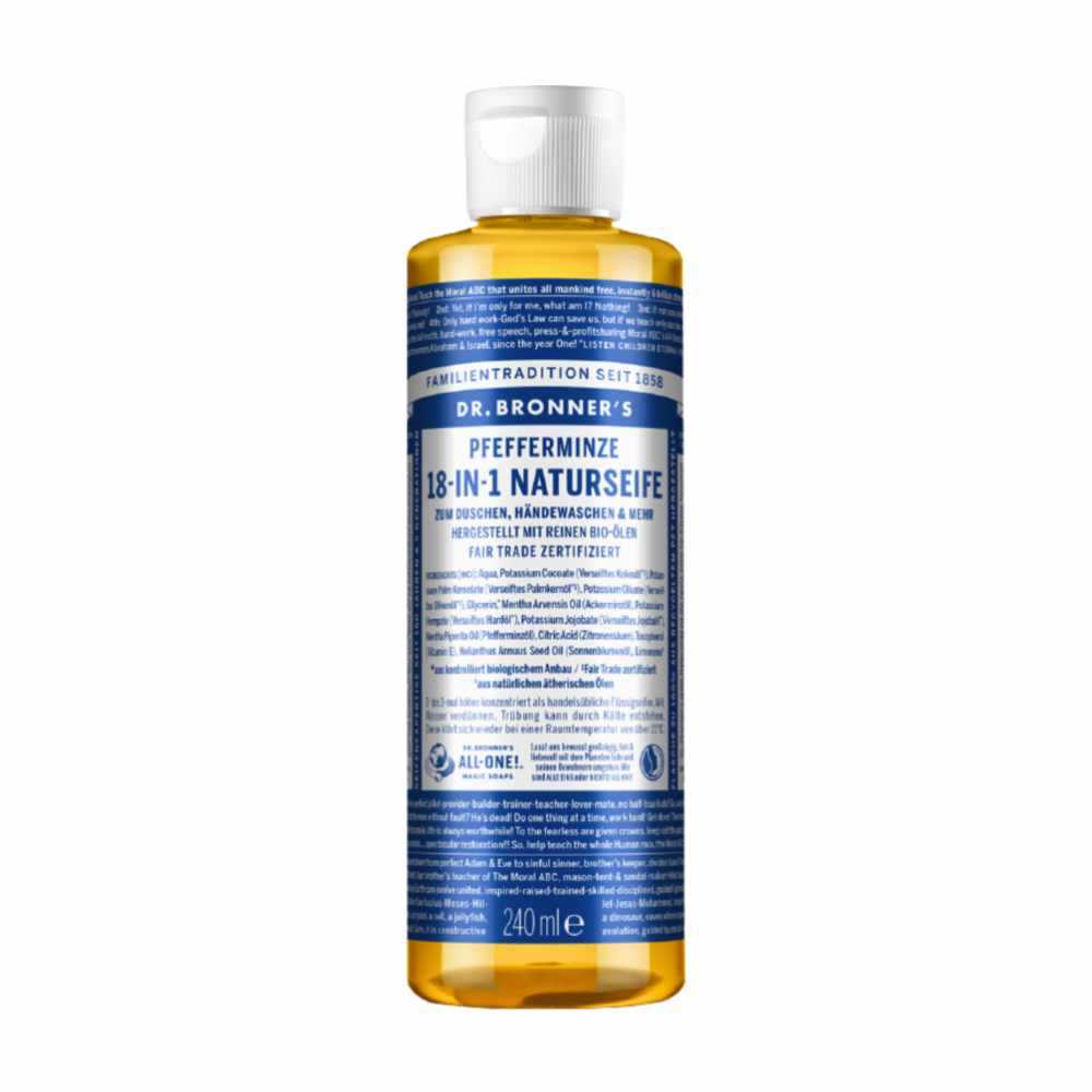 Flüssigseife Pfefferminz Dr. Bronner 18-in-1 Natürliche, erfrischende Seife mit Minzduft und biologisch abbaubaren Inhaltsstoffen, vielseitig einsetzbar.