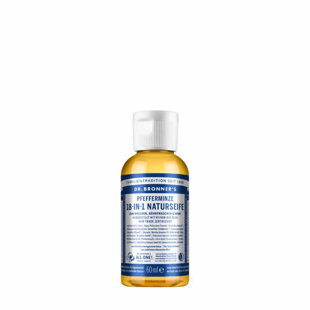Flüssigseife Pfefferminz Dr. Bronner 18-in-1 Naturseife mit Minzduft und biologisch abbaubaren Inhaltsstoffen, sanfte Reinigung und erfrischender Frischekick.