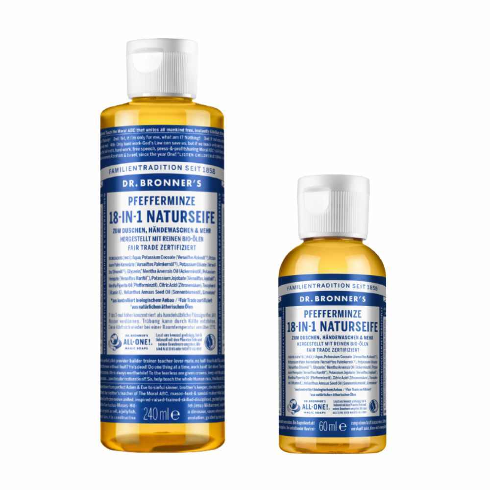 Flüssigseife Pfefferminz Dr. Bronner 18-in-1 Naturseife mit biologisch abbaubaren Ölen und kühlendem Minzduft in 240ml und 60ml Flaschen