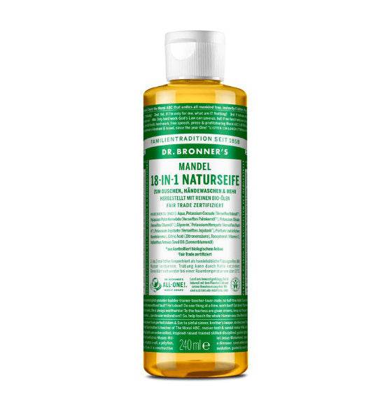 Flüssigseife Mandel von Dr. Bronner mit biologischen Ölen, 18-in-1 Anwendung, natürliche Hand- und Körperpflege in recycelter Kunststoffflasche.