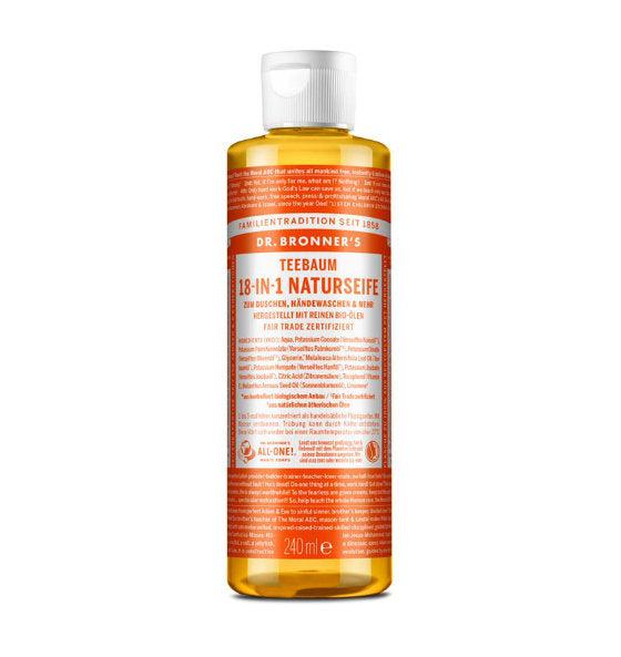 Flüssigseife Teebaum von Dr. Bronner mit biologischen Ölen für vielseitige Reinigung und natürliche Pflege