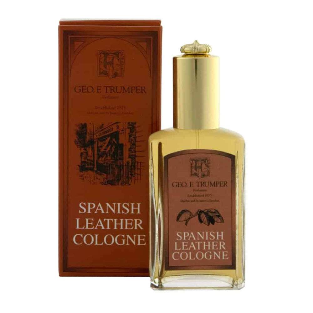 Flakon und Verpackung von Geo. F. Trumper Eau de Cologne Spanish Leather mit klassischen Leder- und würzigen Duftnoten.