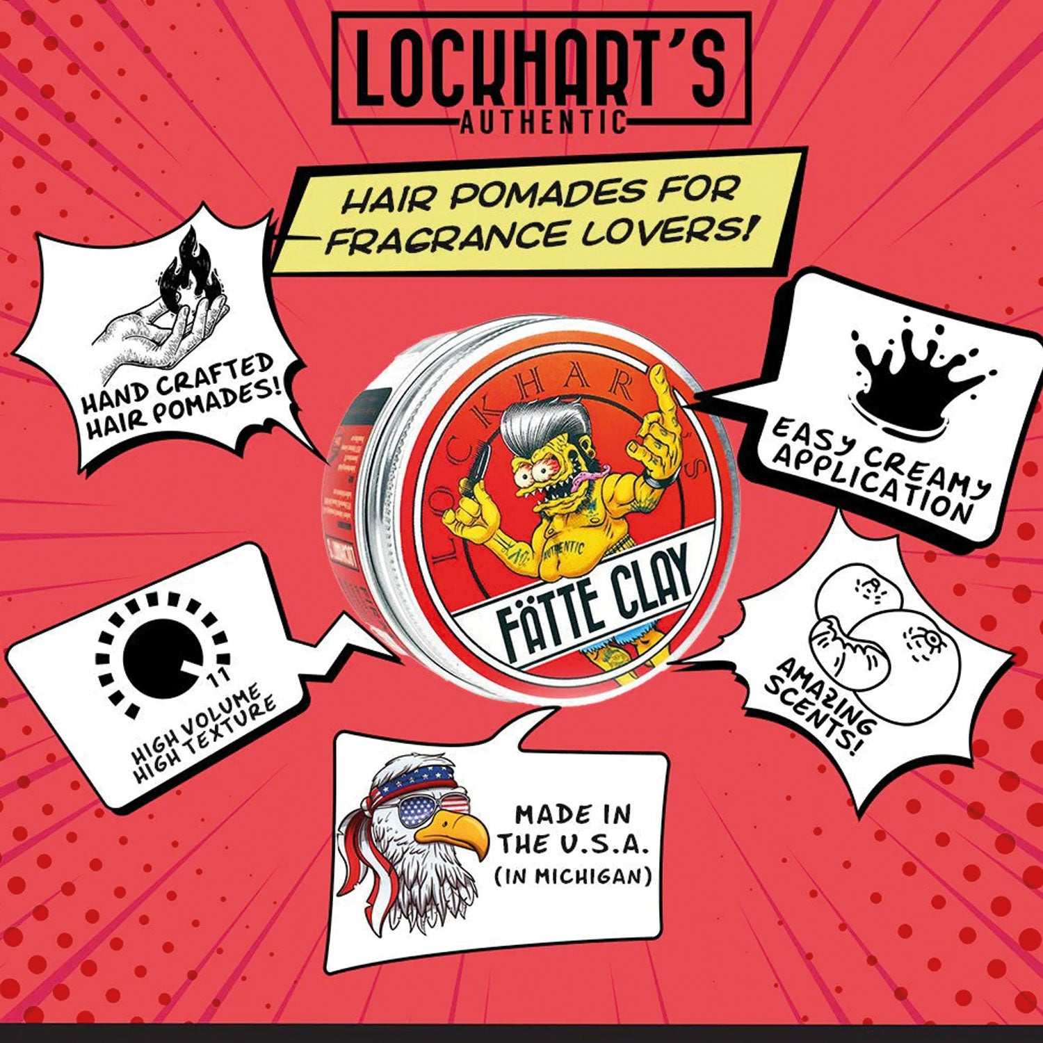 Lockhart's Fätte Clay Haarpomade mit starkem Halt, cremiger Textur und frischem Duft für voluminöses Haar.