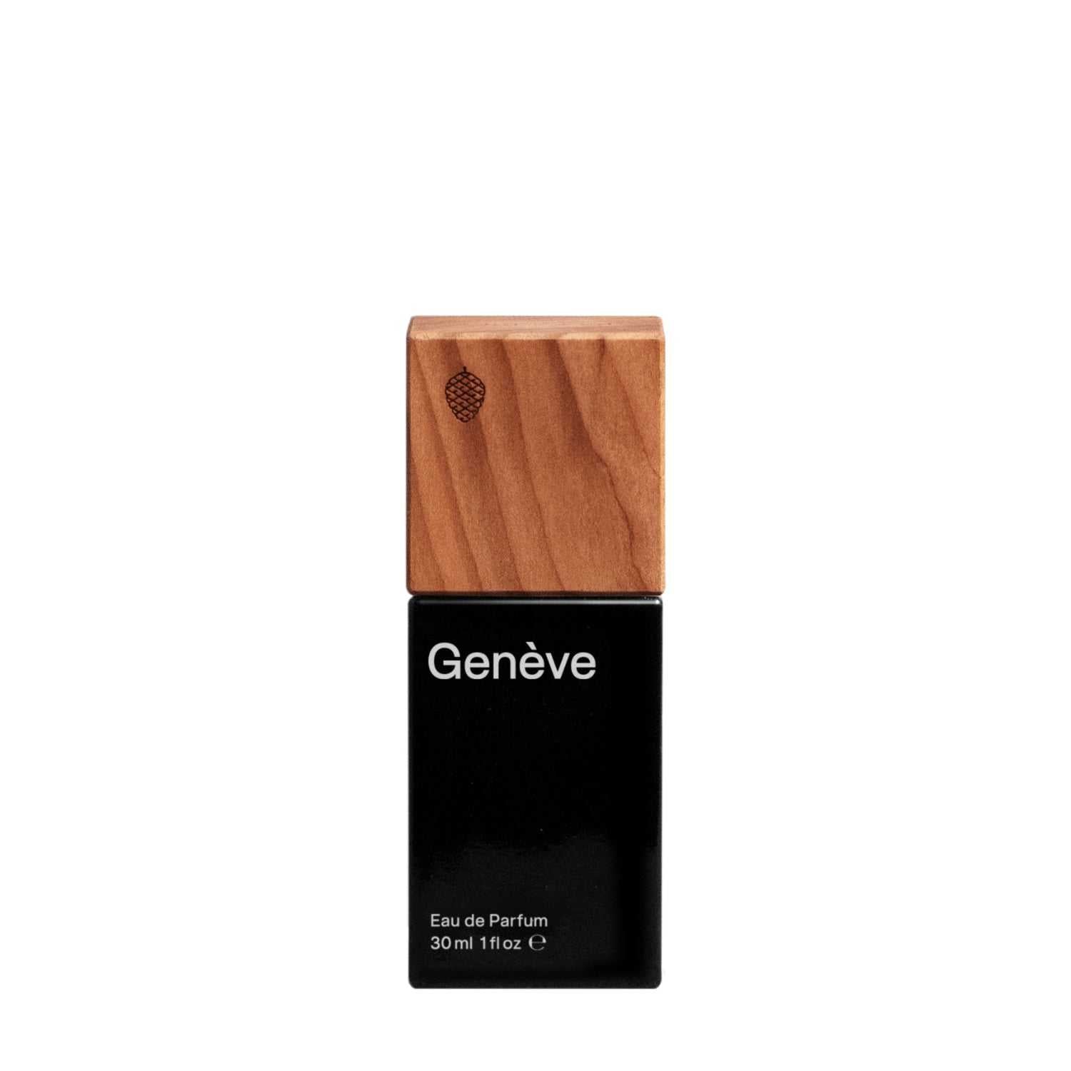 Schwarze 30ml Eau de Parfum Flasche Genève von Favorit & Co mit Holzdeckel und elegantem Design