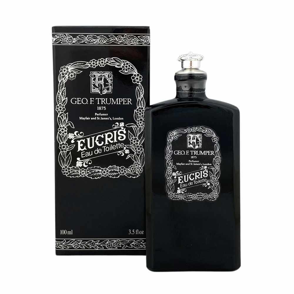 Schwarze Eau de Toilette-Flasche Eucris von Geo. F. Trumper mit eleganter Verpackung, 100 ml.