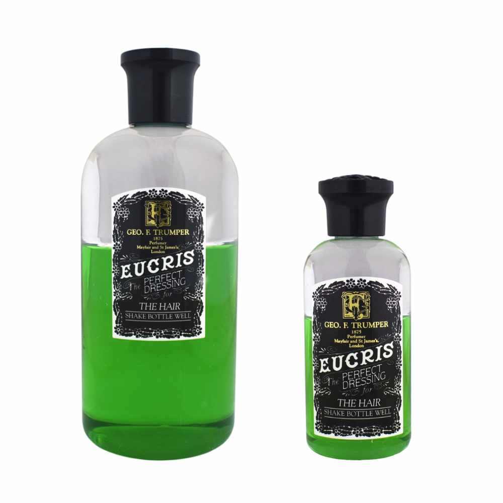 Flaschen mit Hair Tonic Eucris von Geo. F. Trumper Haarwasser mit grünem Inhalt und schwarzem Verschluss für stilvolle Haarpflege