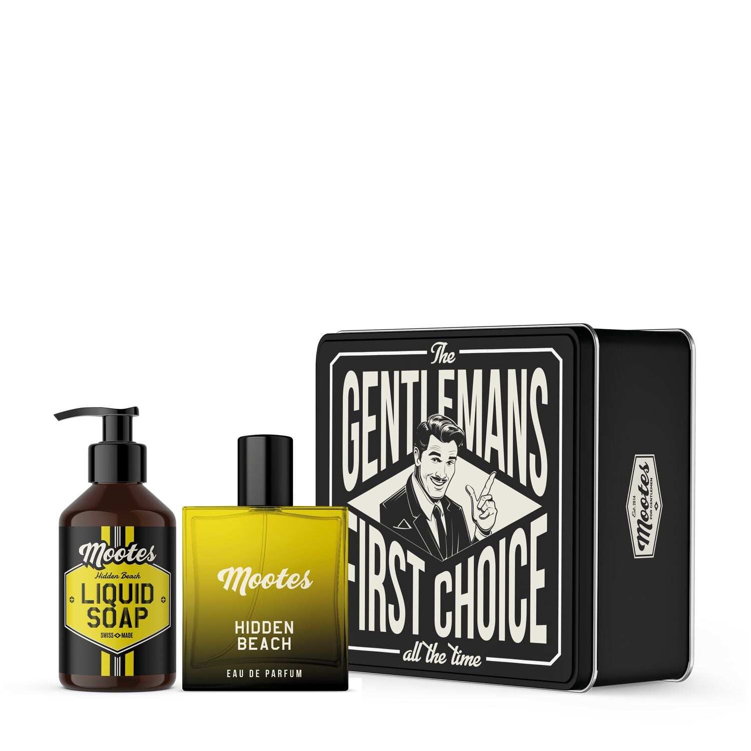 Parfum-Set Hidden Beach mit Eau de Parfum und Flüssigseife in schwarzer Blechbox für ein entspanntes Duftabenteuer