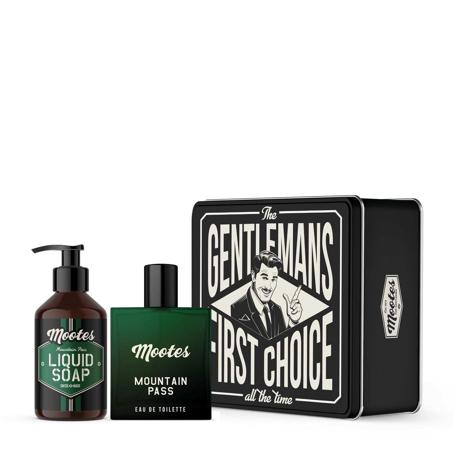 Parfum-Set Mountain Pass mit Eau de Toilette und Flüssigseife in schwarzer Blechbox für herben Bergduft