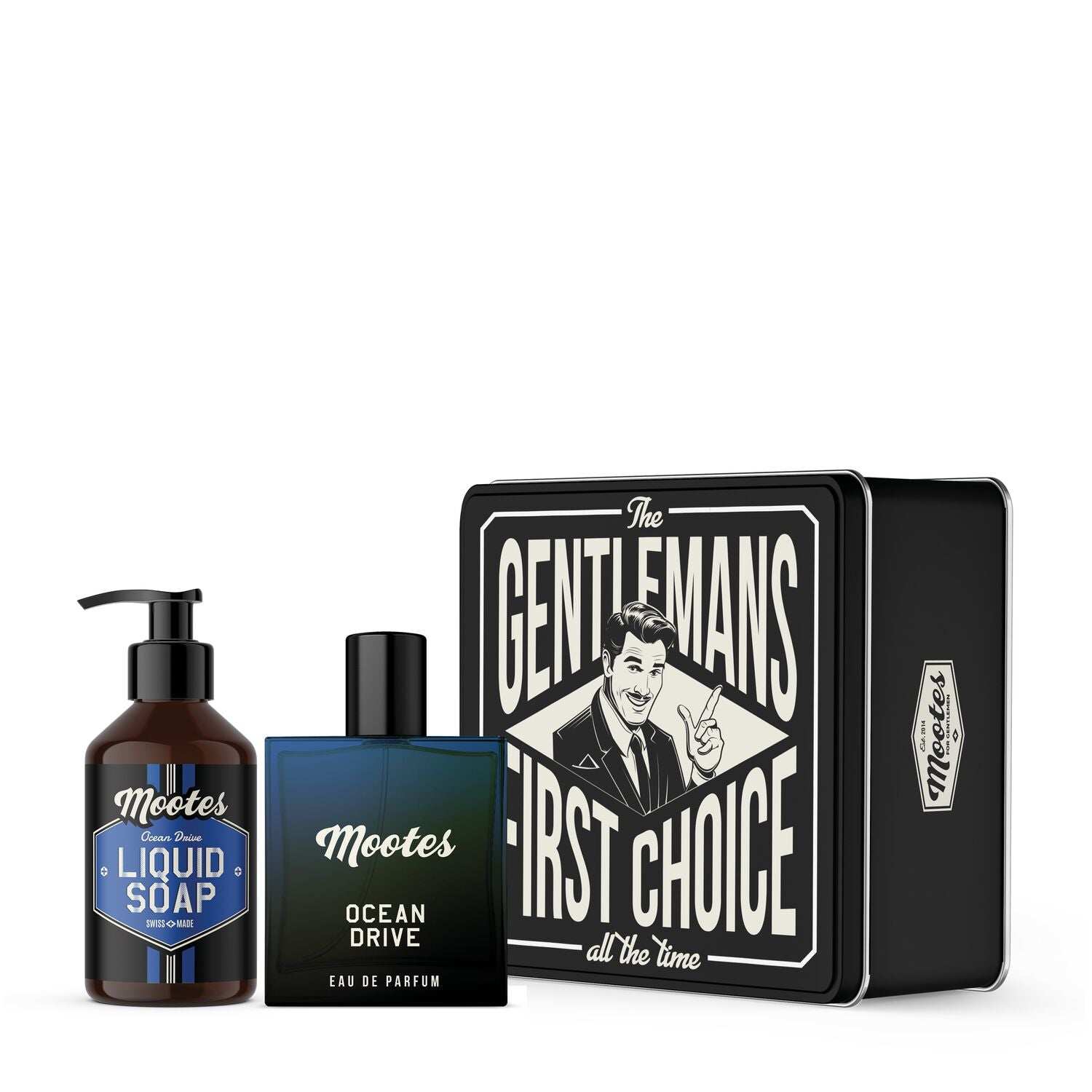 Parfum-Set Ocean Drive mit Eau de Parfum und Flüssigseife in stylischer Blechbox, belebt mit Patchouli, Ylang-Ylang, Bitterorange und Vanille