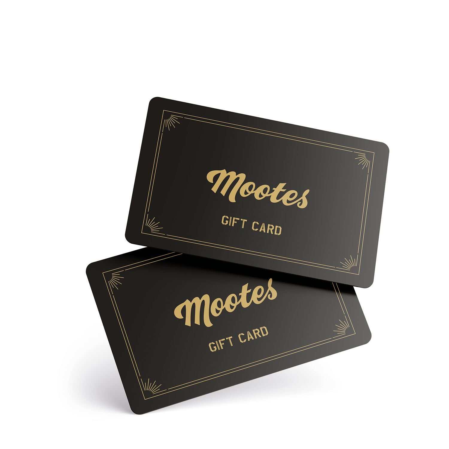 Mootes Geschenkgutschein digital und klassisch, elegant gestaltete schwarze Gutscheinkarten mit goldener Schrift, vielseitig einlösbar für hochwertige Pflegeprodukte.