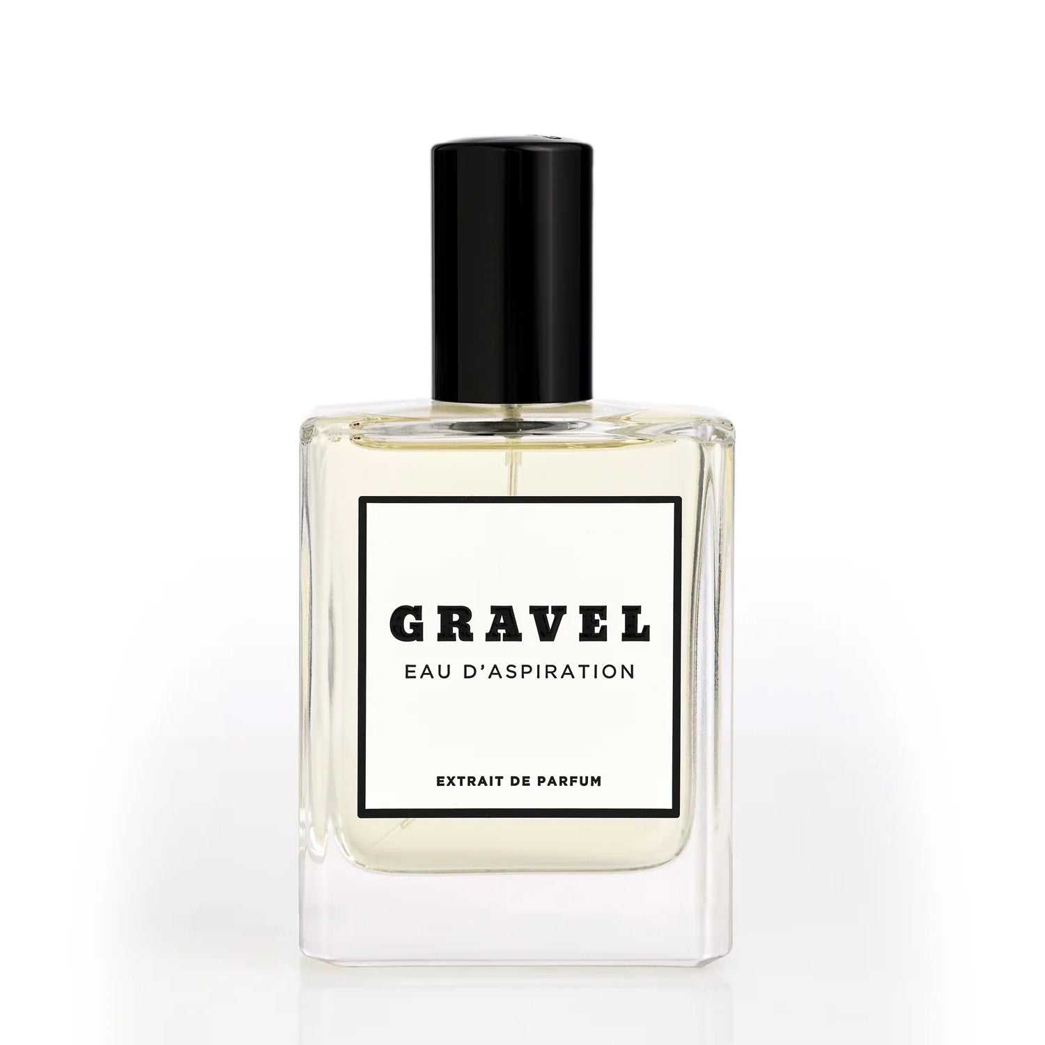 Klares Parfumflakon Gravel Eau d'Aspiration mit schwarzem Deckel und weißem Etikett, Eau de Parfum mit Tabak, Bergamotte und Ledernoten.