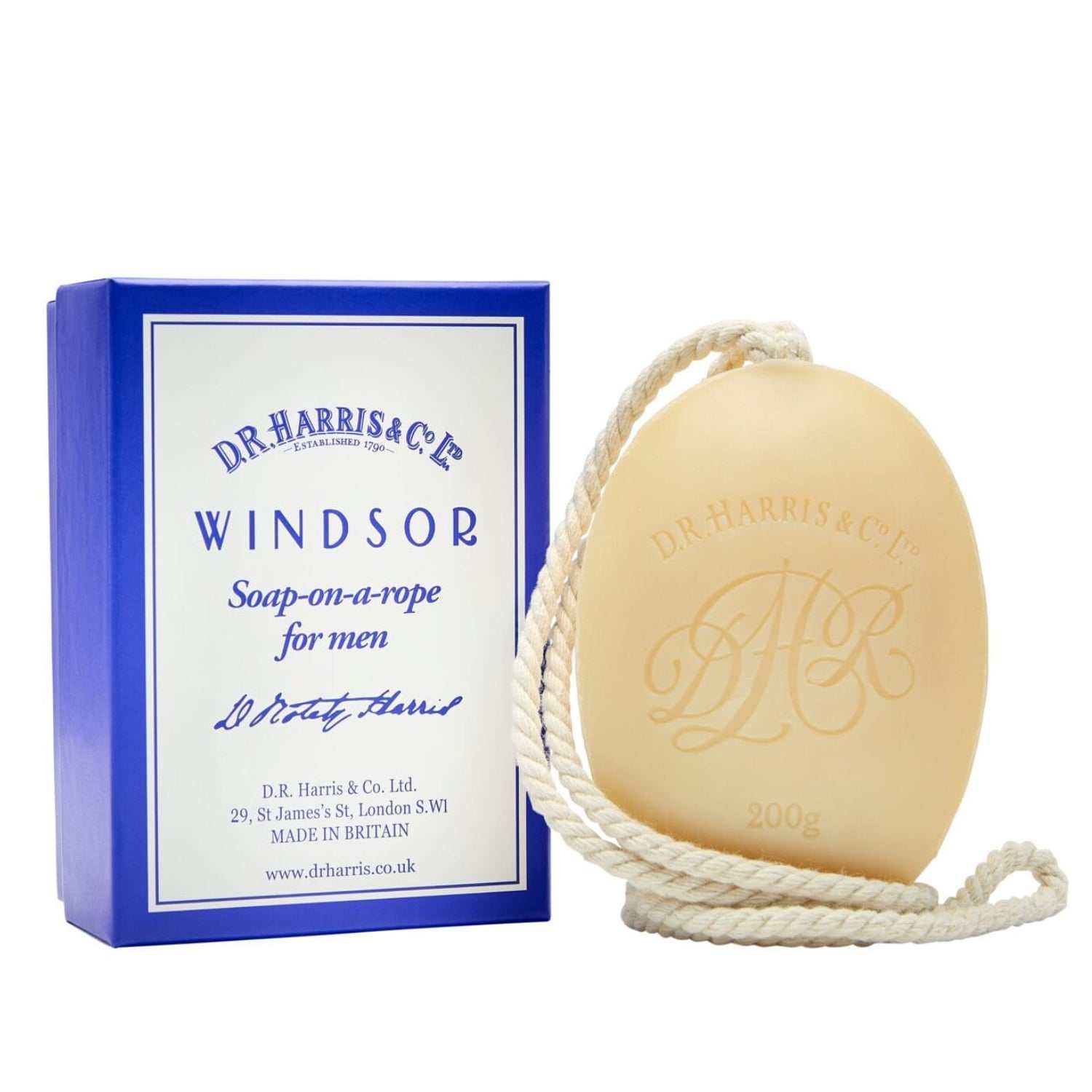Duschseife Windsor von D.R. Harris, cremige Seife mit Kordel, britischer Duft aus Grapefruit, Pfeffer und Vetiver, pflegend mit Sheabutter, traditionelle Herstellung.