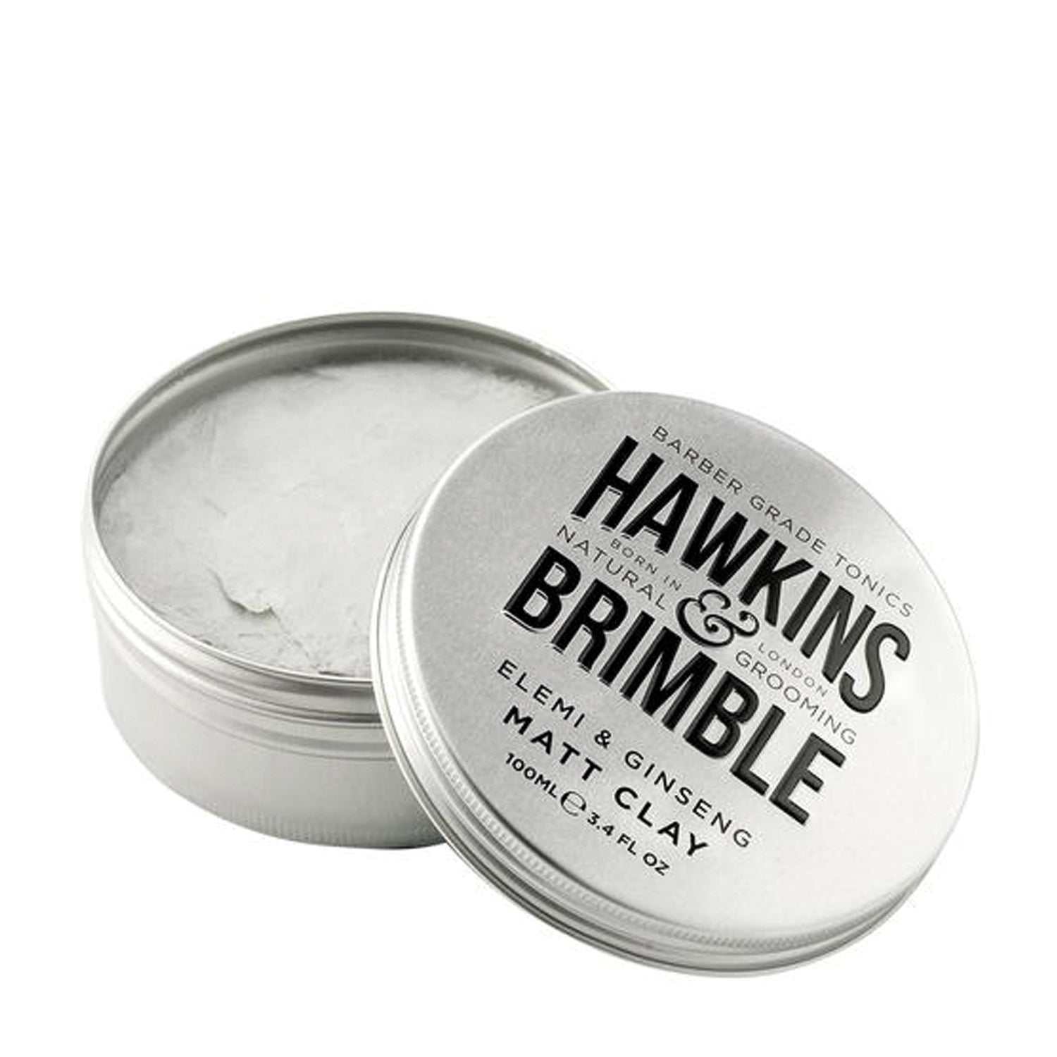 Offene Dose Hawkins & Brimble Haarpomade Matt Clay mit mattem Finish und natürlichem Look zur flexiblen Haarstyling-Pflege.